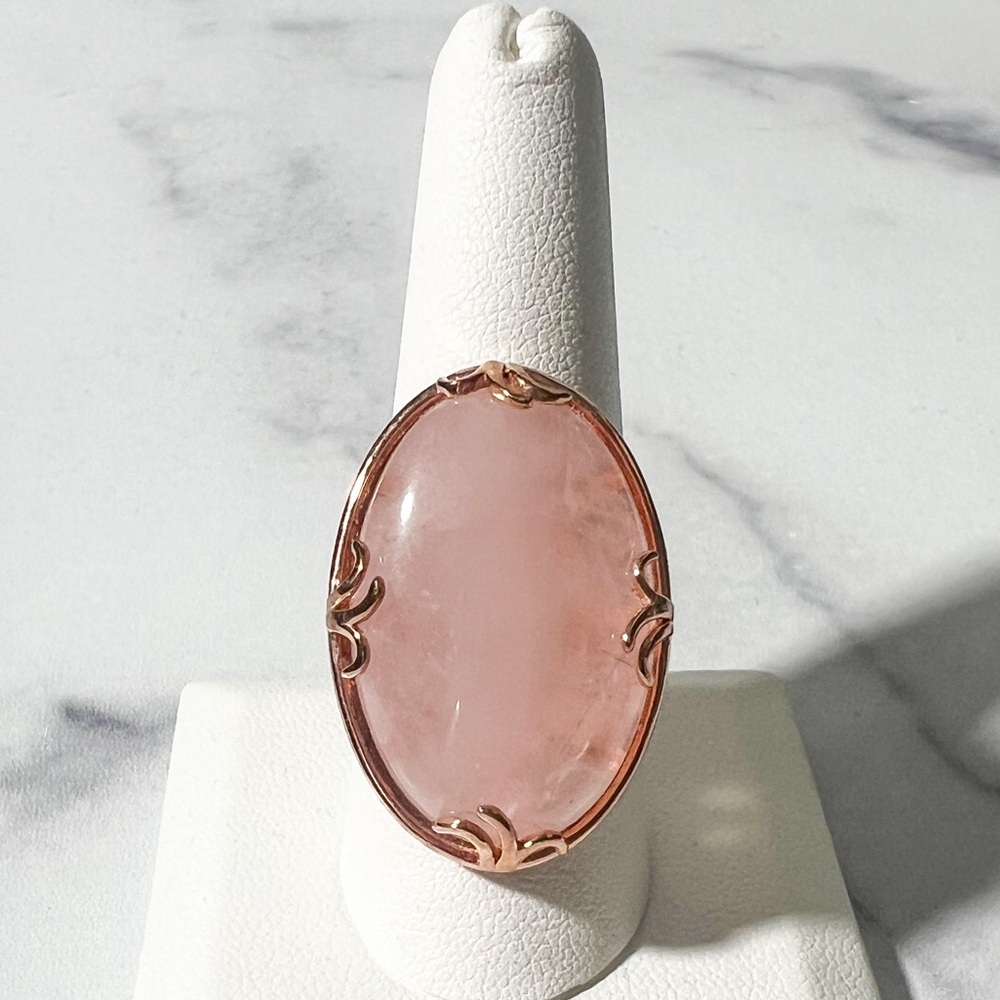 30x20mm Oval Cabachon Rose Quartz 18k Rose Gold Over Sterling Silver Ring